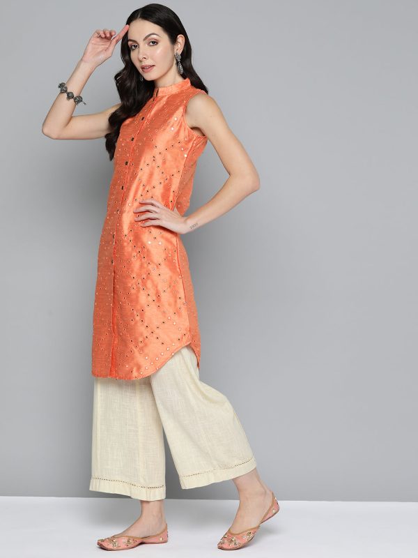 Women Geometric Embroidered Mirror Work Kurta Peach - Rasiya Online