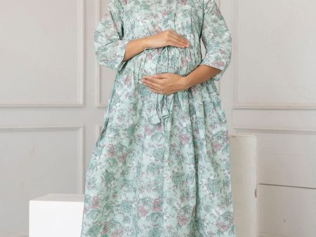 Women Green Printed Flared Maternity Dress - Rasiya For Discount