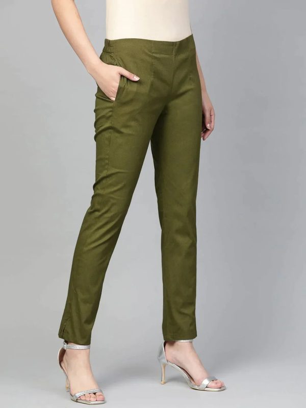 Women Olive Green Smart Slim Fit Solid Regular Trousers - Rasiya on Sale