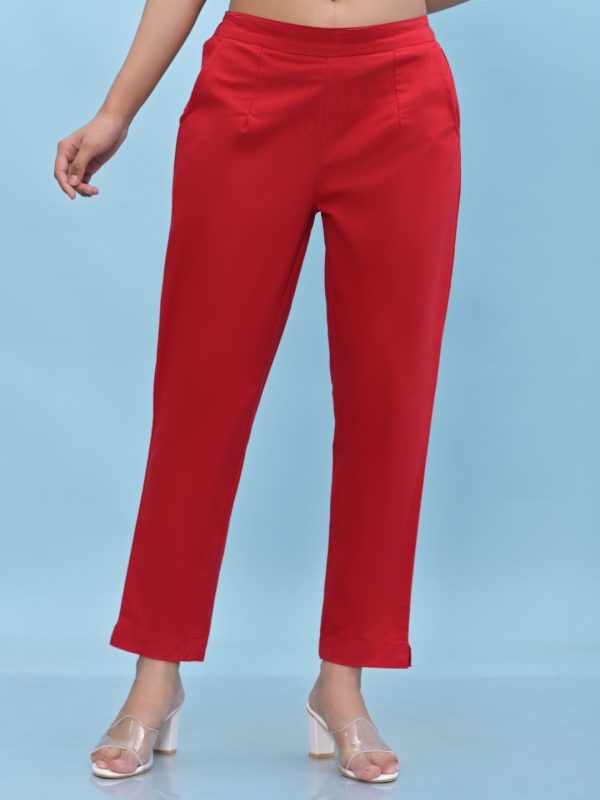 Juniper Women s Red Solid Cotton Pants with Partially Elasticated Waistband and Two Side Pockets on Sale