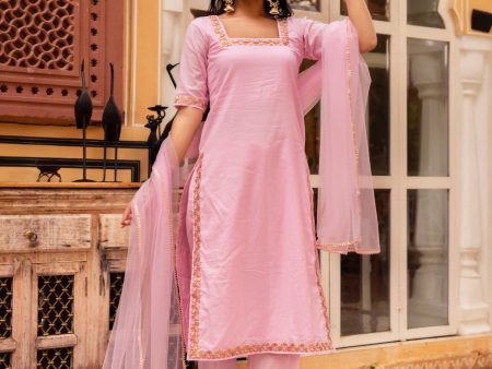 Pomcha Jaipur Gaurangi Bhumika Pink Embroidery Cotton Suit Set on Sale