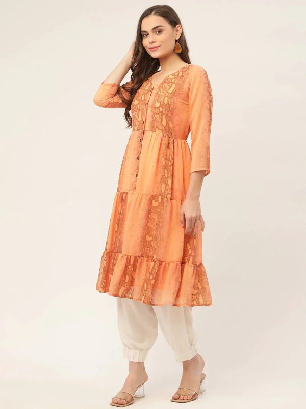 Women Georgette Tiger Printed Kurtas Orange - Rasiya Online