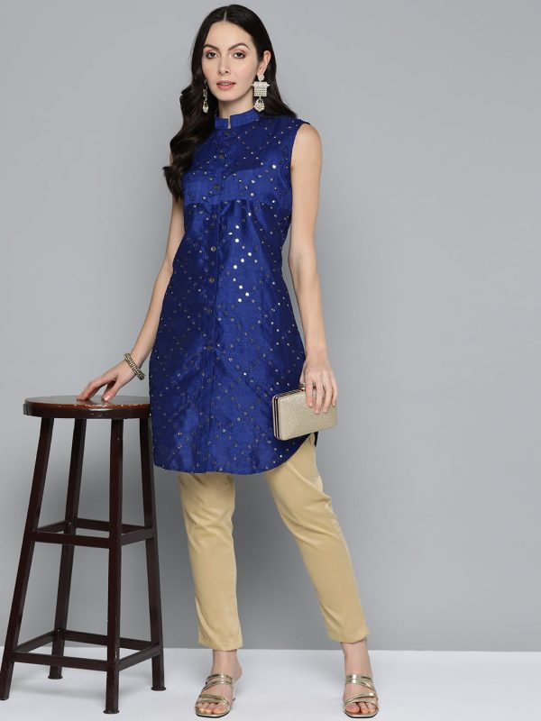 Women Geometric Embroidered Mirror Work Kurta Navy - Rasiya Online Hot Sale