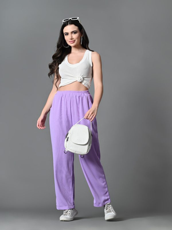 Myshka Women s Solid Ribbed High-Rise Wide Leg Casual Trousers in Lavender Color For Discount