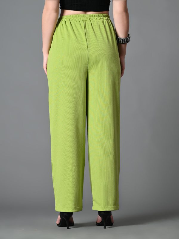 Myshka Women s Solid Ribbed High-Rise Wide Leg Casual Trousers in Green Color Online Sale