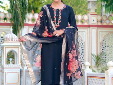 Malishka Women s Black Viscose Embroidery Kurta Set With Dupatta Hot on Sale