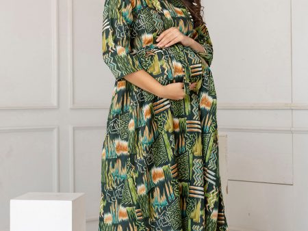 Women Green Printed Flared Maternity Dress - Rasiya For Cheap