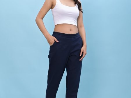 Juniper Women s Navy Blue Solid Cotton Pants with Partially Elasticated Waistband and Two Side Pockets Supply