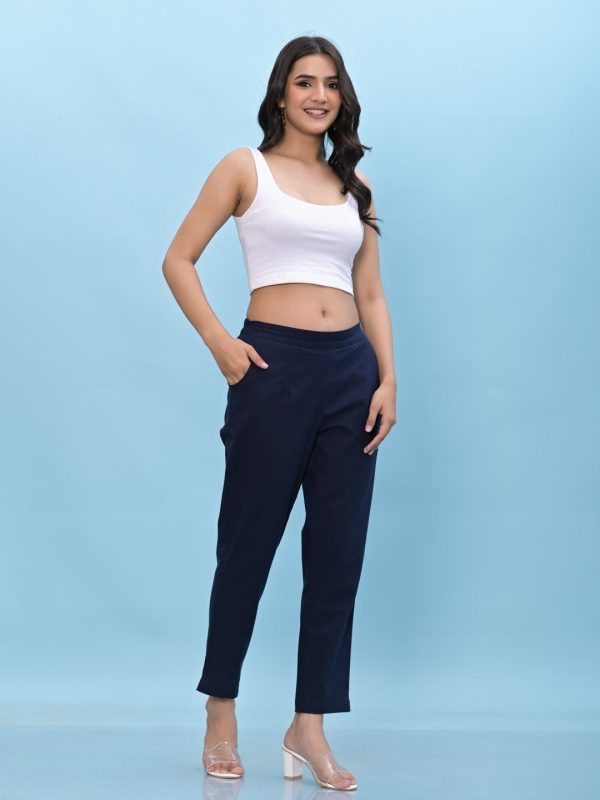 Juniper Women s Navy Blue Solid Cotton Pants with Partially Elasticated Waistband and Two Side Pockets Supply