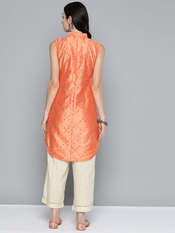 Women Geometric Embroidered Mirror Work Kurta Peach - Rasiya Online