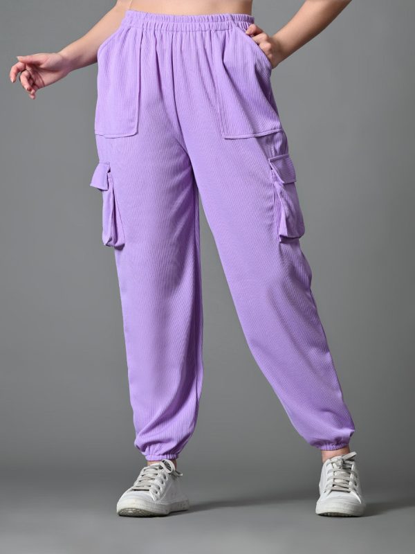 Myshka Women s Solid Ribbed High-Rise Cargo Style Casual Trousers in Lavender Color Supply