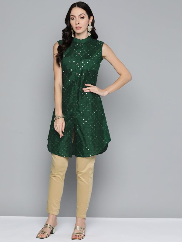 Women Geometric Embroidered Mirror Work Kurta Green - Rasiya Hot on Sale