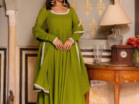 Pomcha Jaipur Gaurangi Green Embroidery Cotton Anarkali Set Hot on Sale