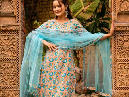 Pomcha Jaipur Gaurangi Blue Peach Phool Jaal Suit Set Sale