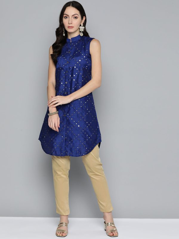 Women Geometric Embroidered Mirror Work Kurta Navy - Rasiya Online Hot Sale