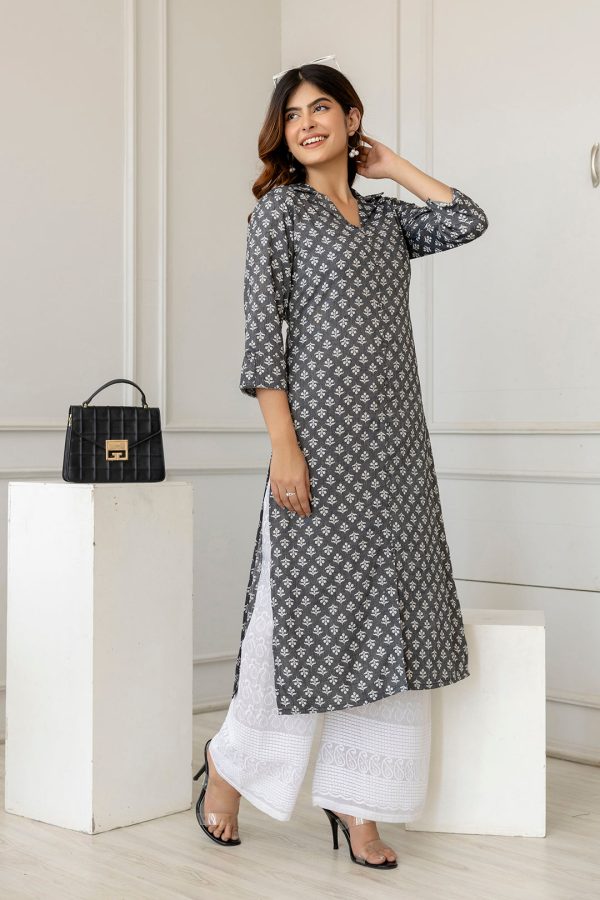 Women Grey Printed Straight Shirt Collar Kurta - Rasiya on Sale