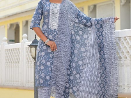 Juniper Women s Grey Ethnic Motif Printed Cotton Kurta, Pant And Dupatta Set With Thread & Zari Work Online