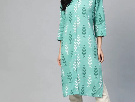 Women Green & White Ikkat Print Straight Kurta Sky - Rasiya For Cheap