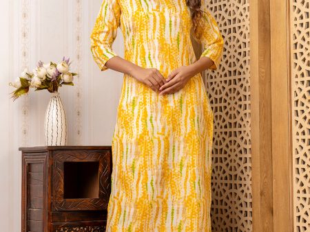 Women Yellow Printed Straight Kurta with Three Quarter Sleeves - Rasiya For Sale