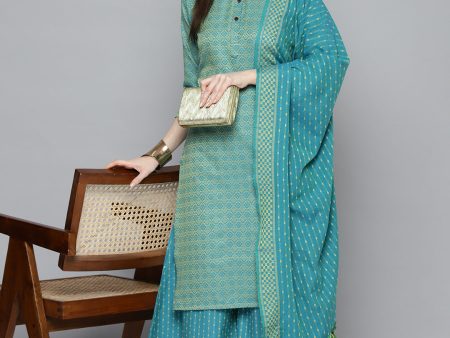 Woven Design Kurta, Pallazos And Dupatta Set Firozi - Rasiya Sale