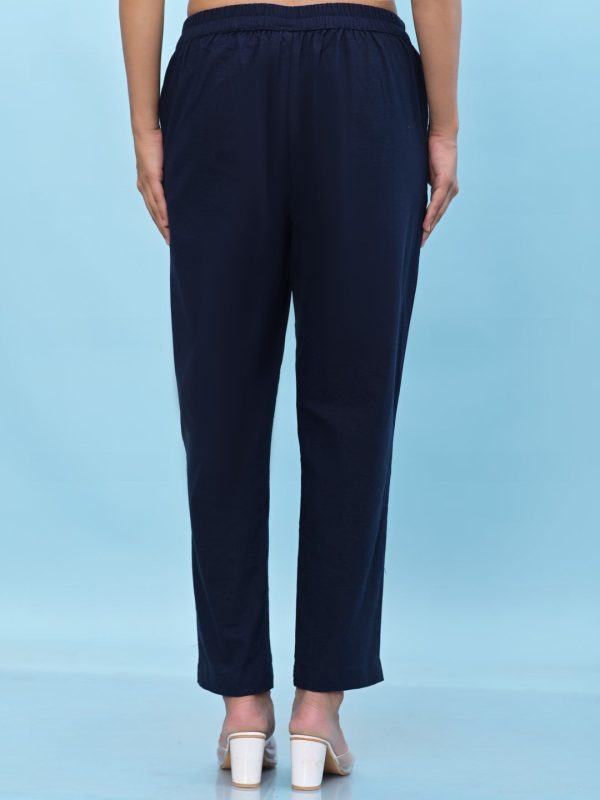 Juniper Women s Navy Blue Solid Cotton Pants with Partially Elasticated Waistband and Two Side Pockets Supply