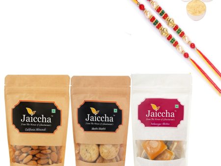 Ghasitaram jaiccha Mango Bites, Methi Mathi and Almonds With 2 Pearl Beads Rakhis Supply