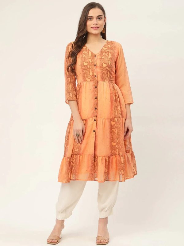 Women Georgette Tiger Printed Kurtas Orange - Rasiya Online