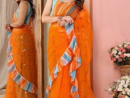 Partywear Designer Orange Net Fancy Saree - Dyuti Discount