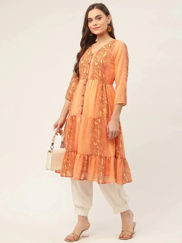 Women Georgette Tiger Printed Kurtas Orange - Rasiya Online