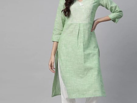 Women Green Pure Cotton Striped Pleated Kurta - Rasiya For Cheap