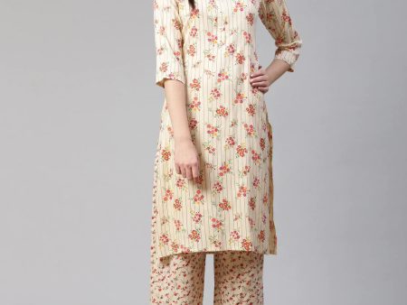 Women Cream-Coloured & Red Floral Print Kurta With Palazzos - Rasiya Online