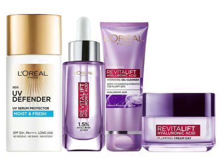 L Oreal Paris Hyaluronic Acid Hydrating And Protecting CSMS (Cleanser, Serum, Moisturizer, Sunscreen) Regime Kit Discount