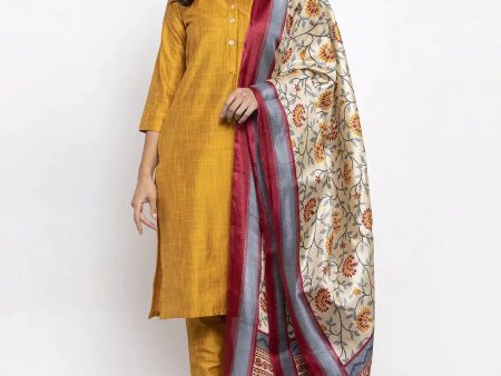 Women Yellow Self-Striped Kurta With Trousers & Art Silk Dupatta - Rasiya Hot on Sale