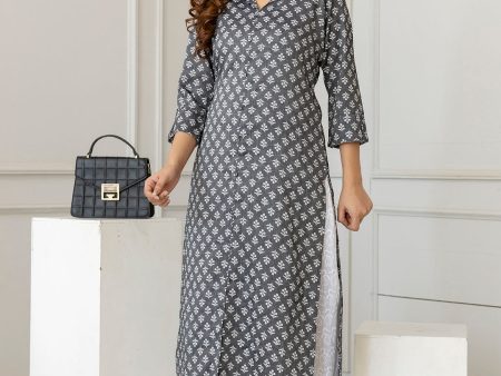 Women Grey Printed Straight Shirt Collar Kurta - Rasiya on Sale