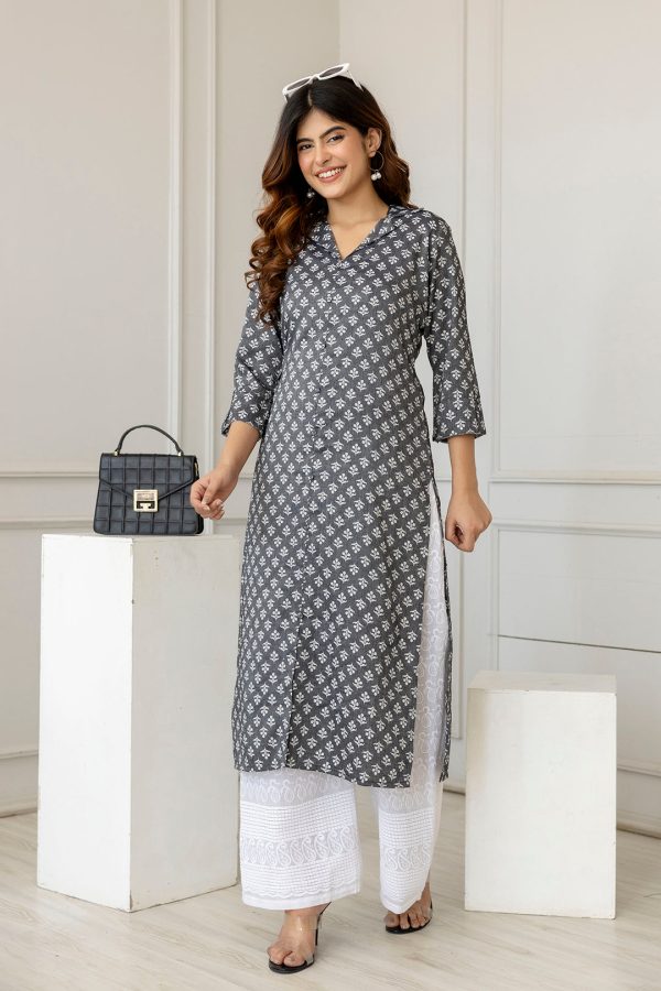 Women Grey Printed Straight Shirt Collar Kurta - Rasiya on Sale