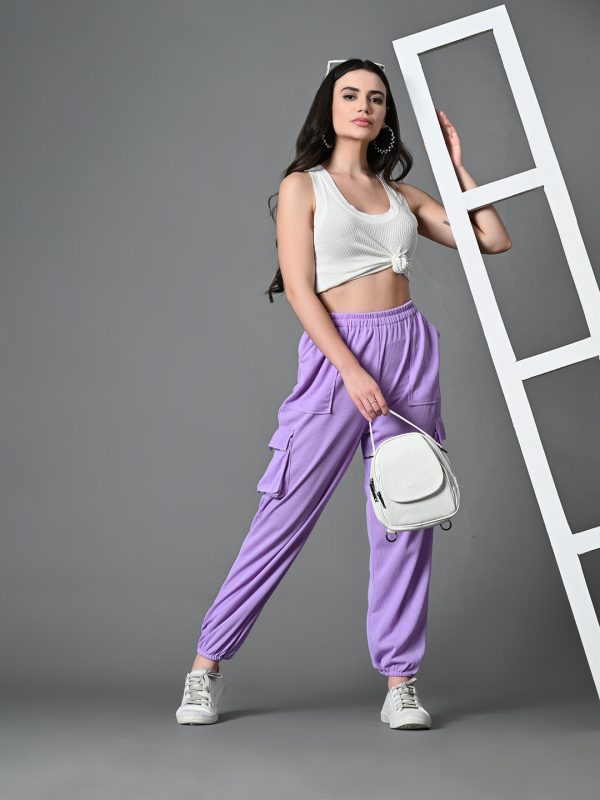 Myshka Women s Solid Ribbed High-Rise Cargo Style Casual Trousers in Lavender Color Supply