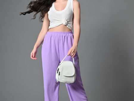 Myshka Women s Solid Ribbed High-Rise Wide Leg Casual Trousers in Lavender Color For Discount