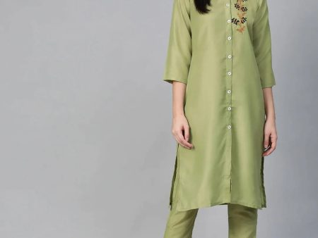 Women Green Embroidered Detail Kurta With Trousers - Rasiya Cheap