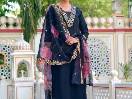 Malishka Women s Black Chanderi Embroidery Kurta Set With Dupatta Online Hot Sale