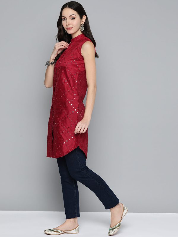 Women Geometric Embroidered Mirror Work Kurta Maroon - Rasiya Online