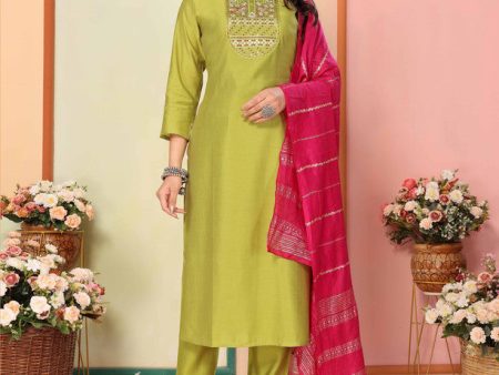 Malishka Women s Green Silk Embroidery Kurta Set With Dupatta Supply